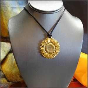 1993 Signed Danforth Gold Sunflower Necklace Pewter Pendant